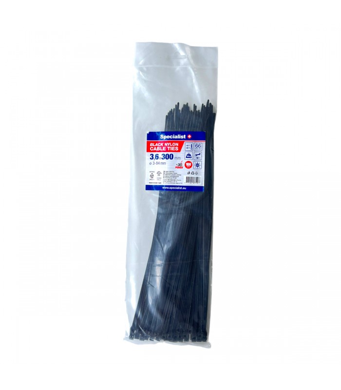 #31720 [81-3-3302J] SPECIALIST+ nylon cable ties, black, 3.6x300 mm, 100 pcs